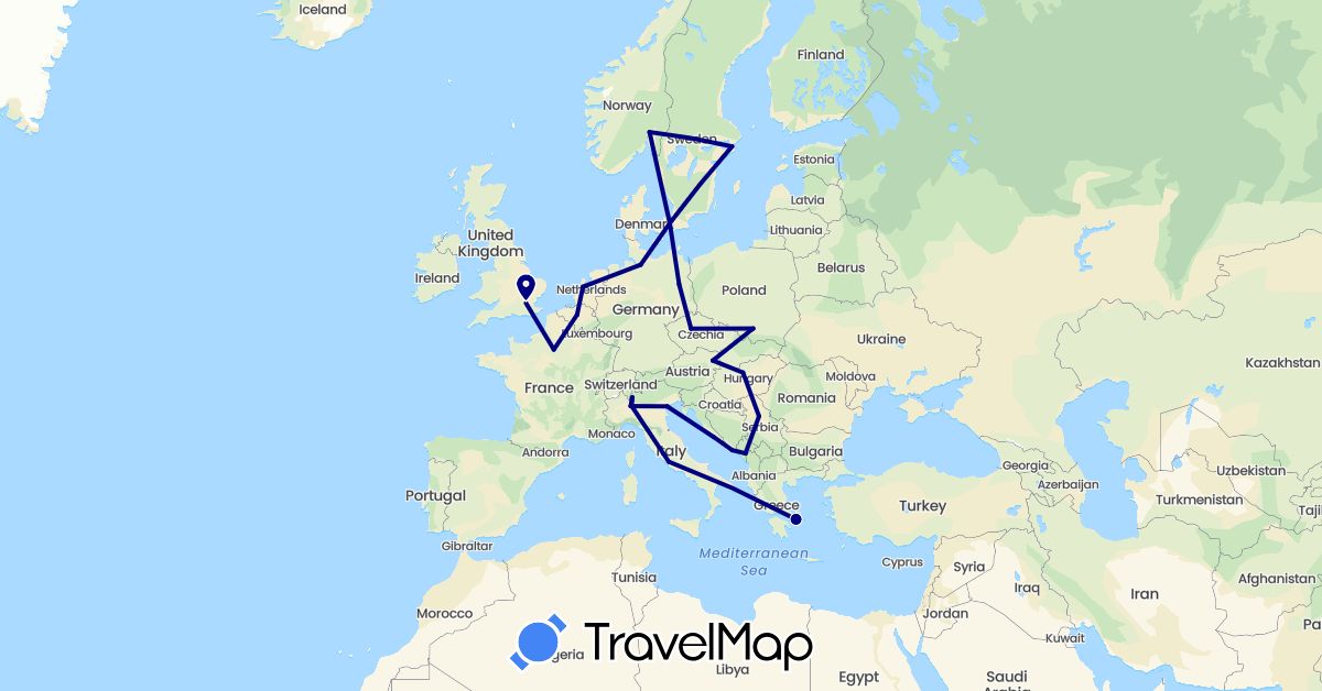 TravelMap itinerary: driving in Austria, Belgium, Czech Republic, Germany, Denmark, France, United Kingdom, Greece, Croatia, Hungary, Italy, Montenegro, Netherlands, Norway, Poland, Serbia, Sweden (Europe)